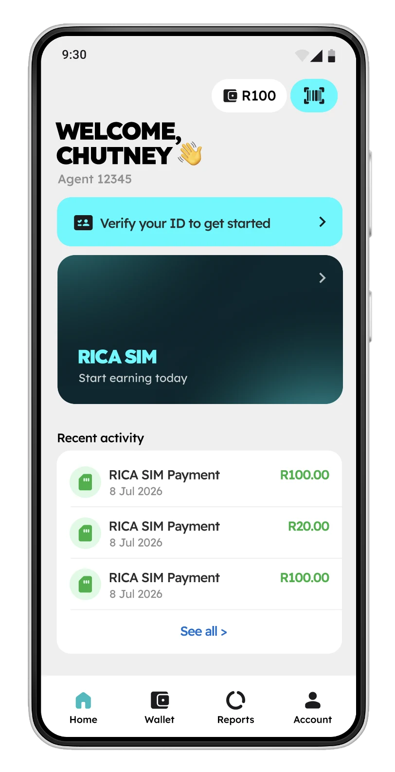 The Voxcom Agent home screen, showing an agent's recent activity and a shortcut to start a RICA SIM registration.